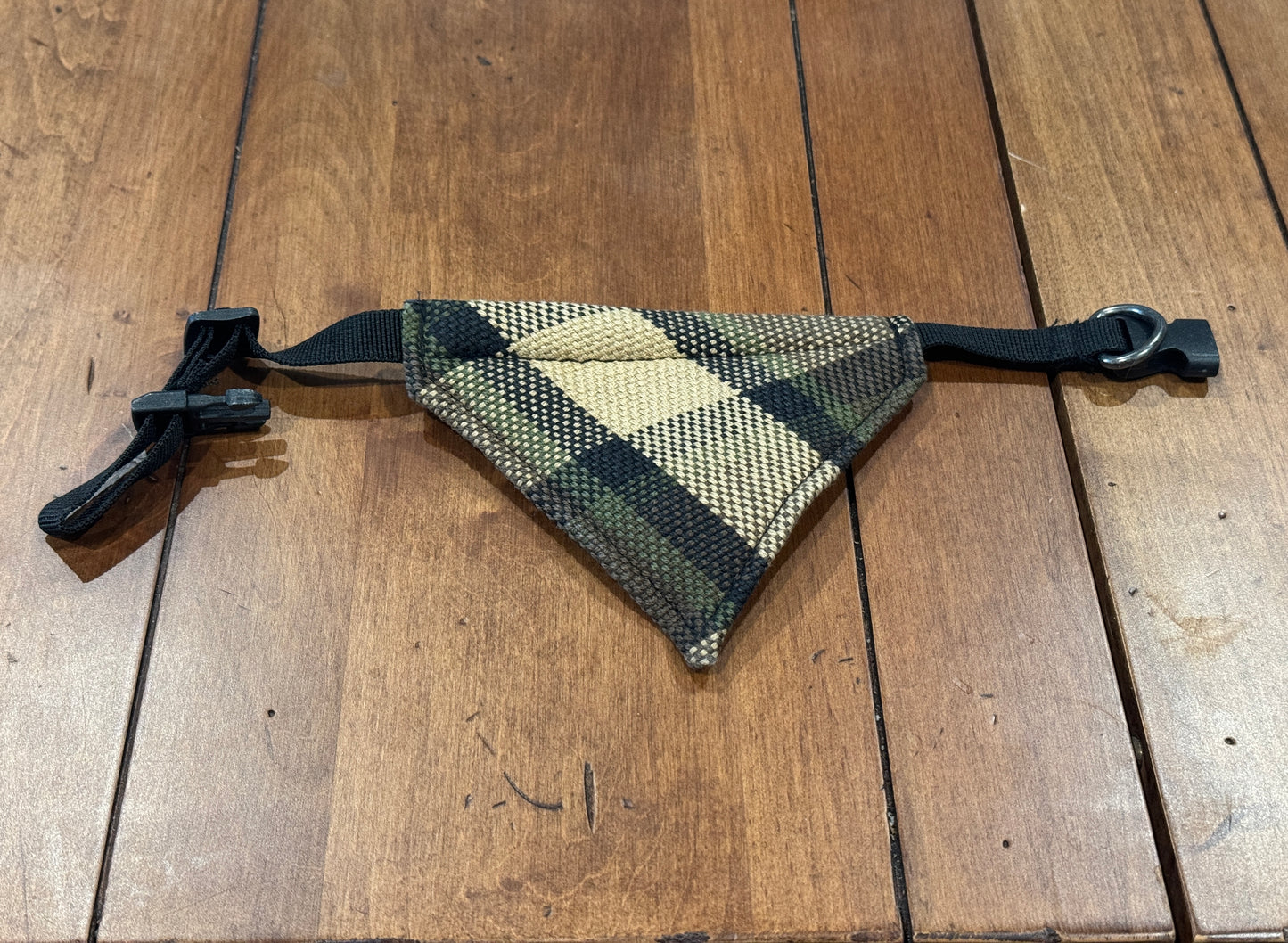 Westfalia Beige plaid material dog bandana.